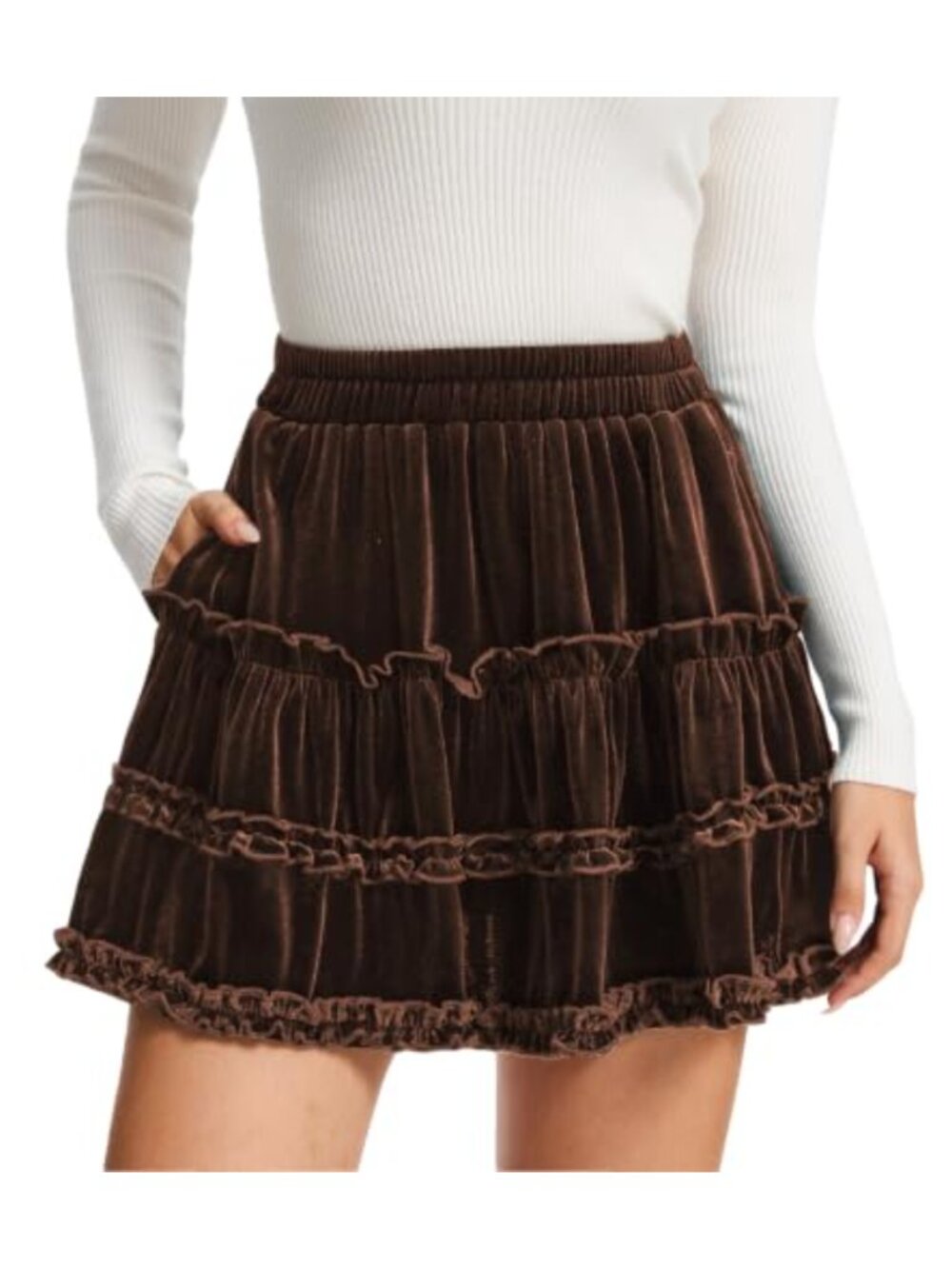 Velvet Tiered Mini Skater Skirt High Waist Ruffle A-Line with Pockets